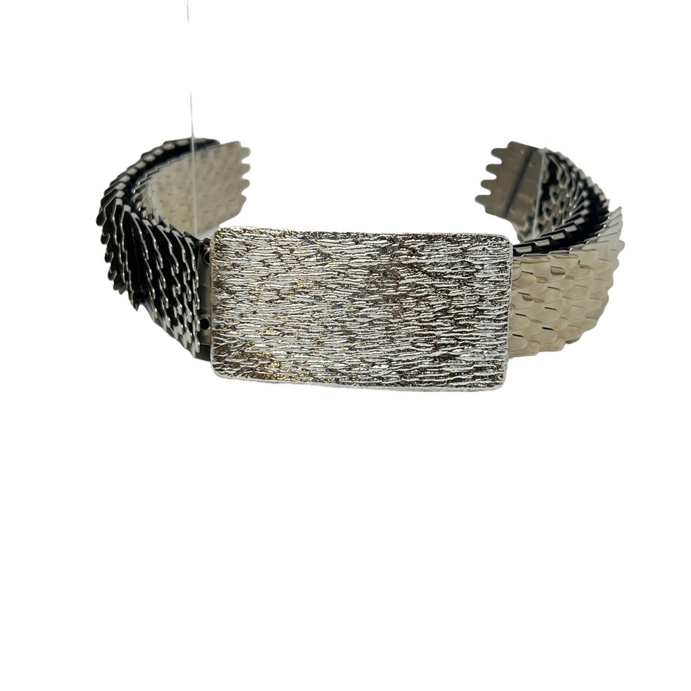 Vintage Stretch Metal Belt Silver‎ Tone Fish Scale Wide Buckle Disco Belt